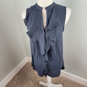 H&M Semi Sheer Tank Top With Neck Clasp Ruffle Front Size 4 Dark Gray